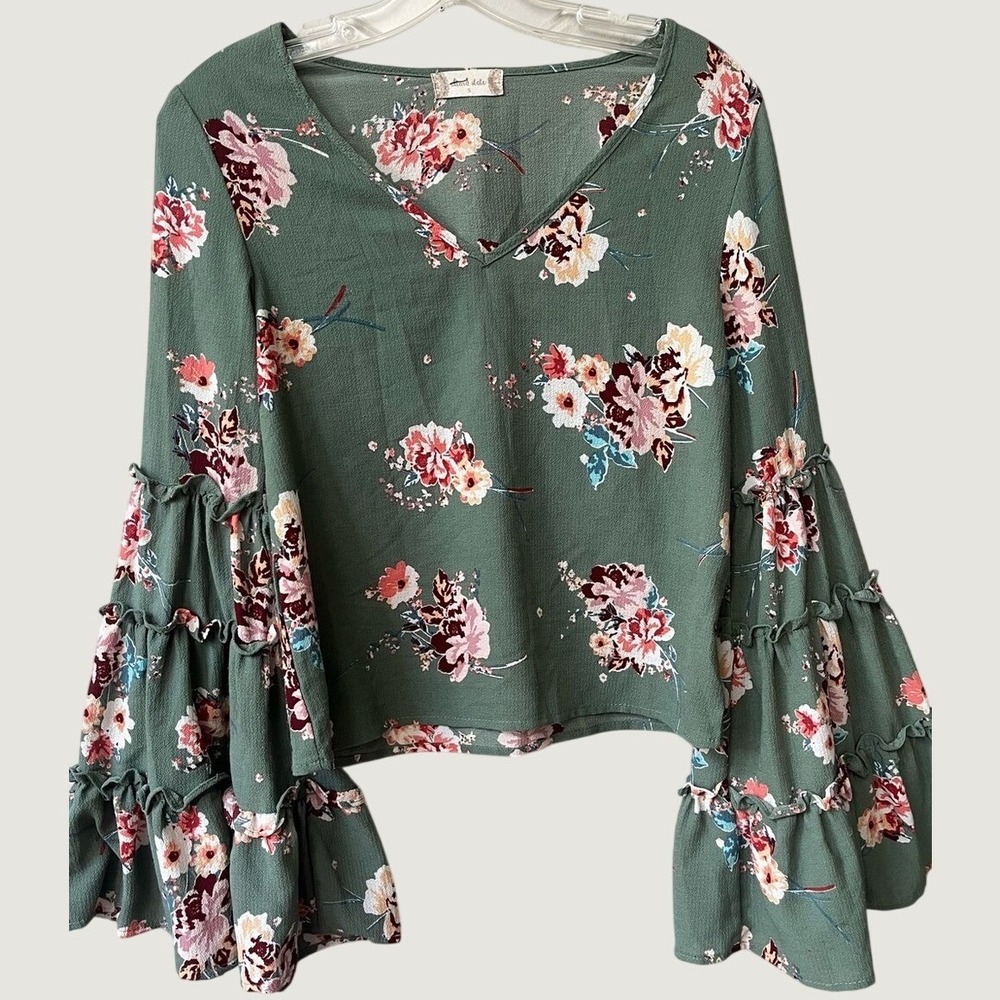 Altar'd State Olive Green Floral Ruffle Bell Sleeve Blouse Womens Small